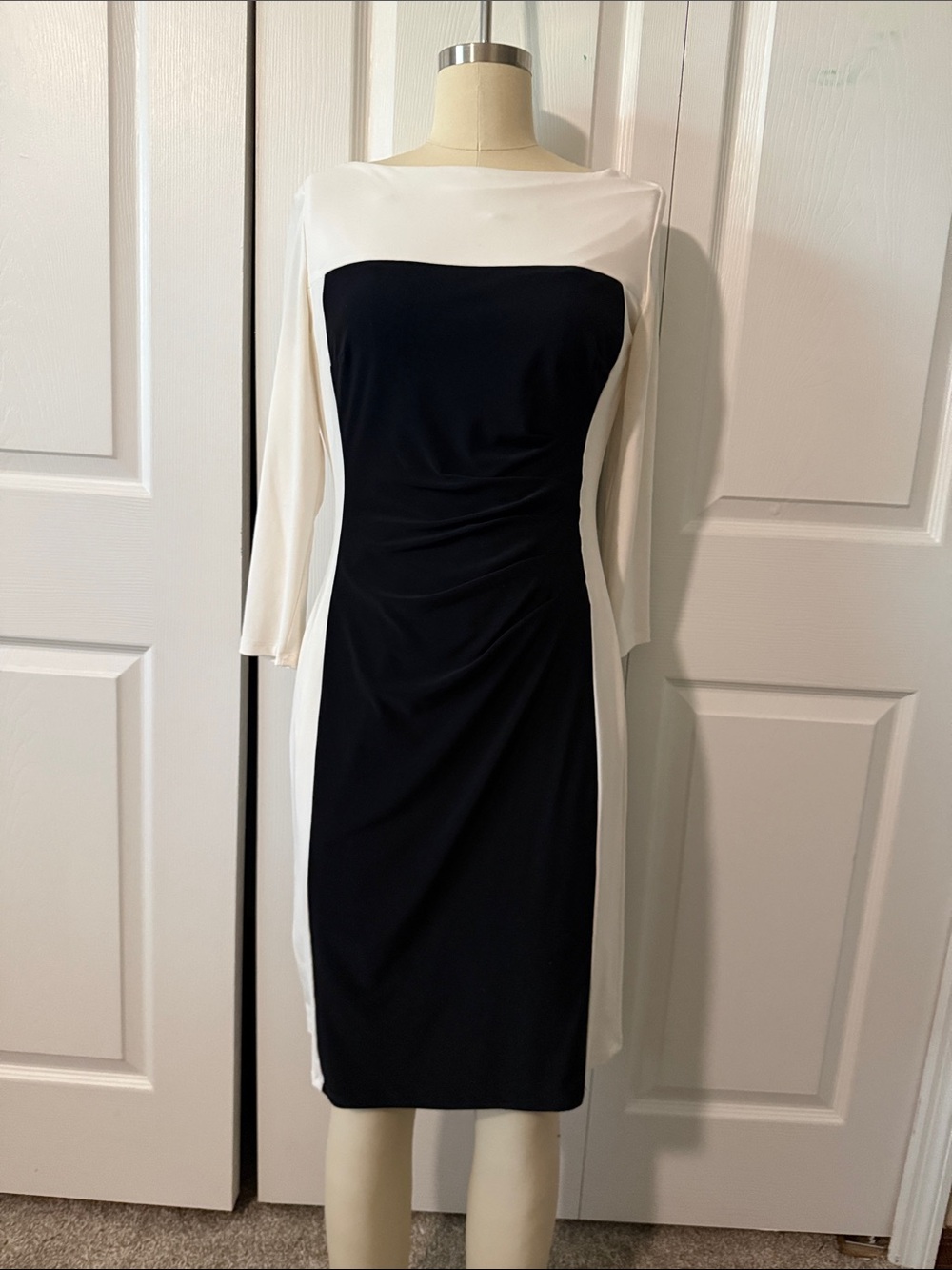 Lauren Ralph Lauren Black and White Colorblock Boatneck Midi Dress - Picture 1 of 6